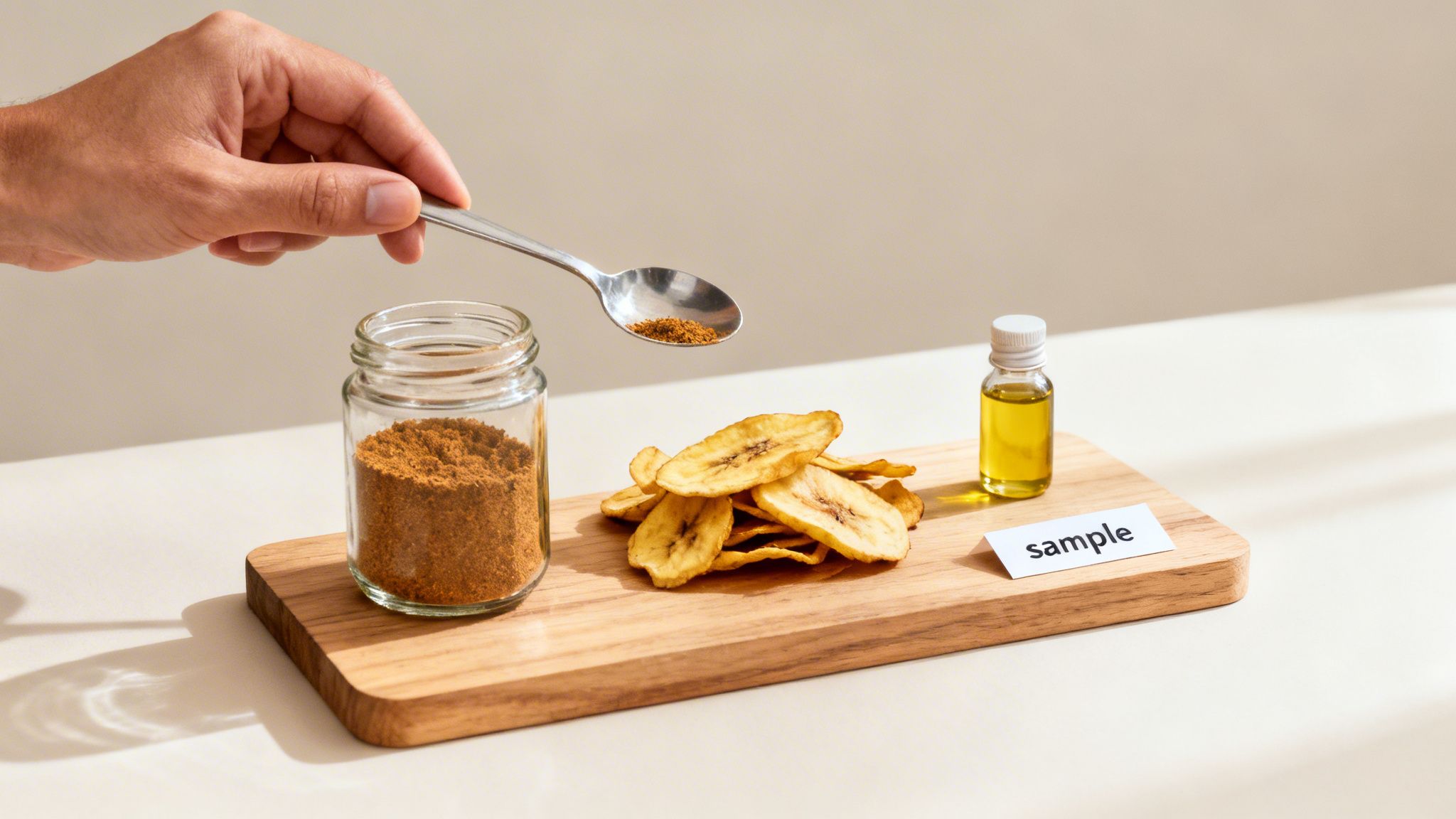 A hand spoons brown powder from a jar onto a table with banana chips, oil, and a sample card.